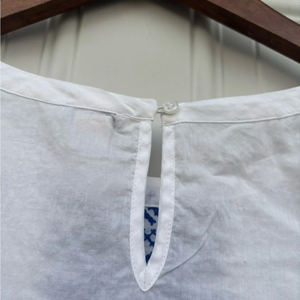 J. Crew White Top with Blue Embroidered Front